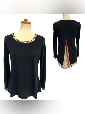(A5) Harmony Black Embellished Neckline Split Back Tunic Top - Size Medium - EUC